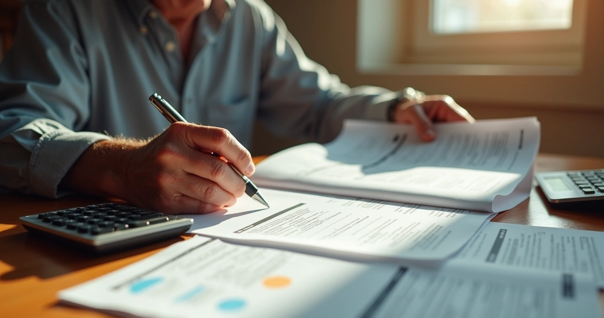 Idoso segurando extratos e documentos fiscais de imposto de renda em casa 