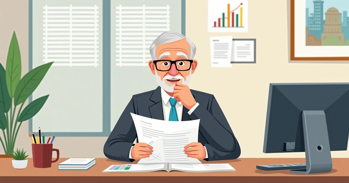 Homem idoso com óculos sentado analisando contrato de seguro de vida 
