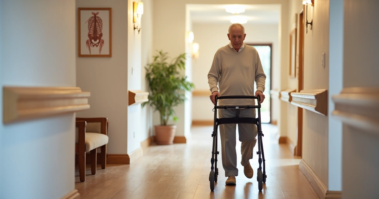 Idoso usando andador em corredor com corrimão e piso seguro 