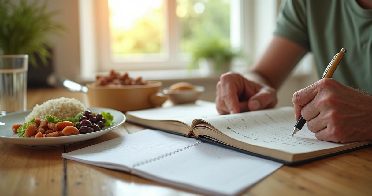 Idoso anotando refeição em caderno na cozinha