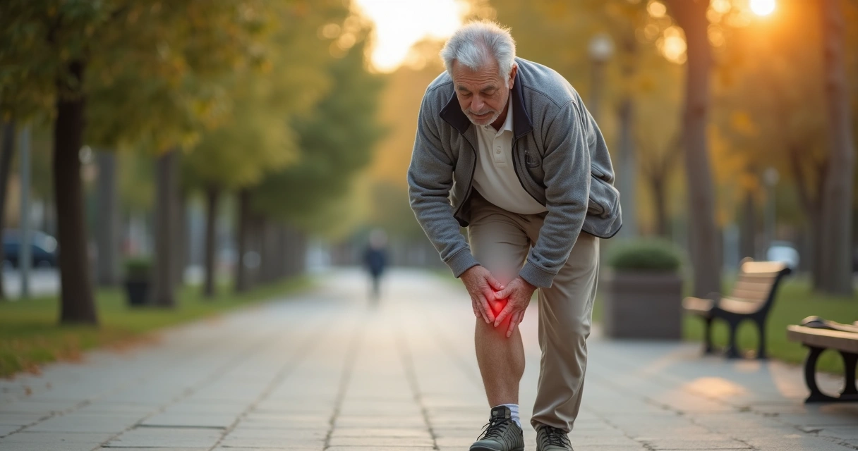 Senhor de meia-idade segurando o joelho dolorido durante caminhada ao ar livre 