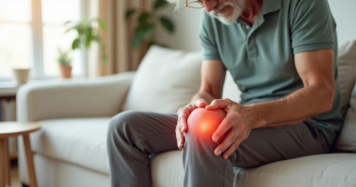 Senhor sentado no sofá segurando o joelho dolorido com expressão de desconforto 