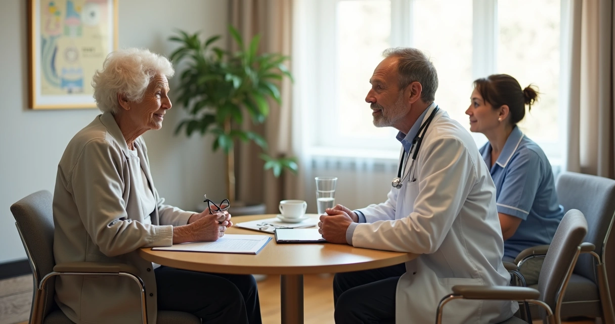 Idoso em consulta acolhedora com médico e cuidadora ao lado 