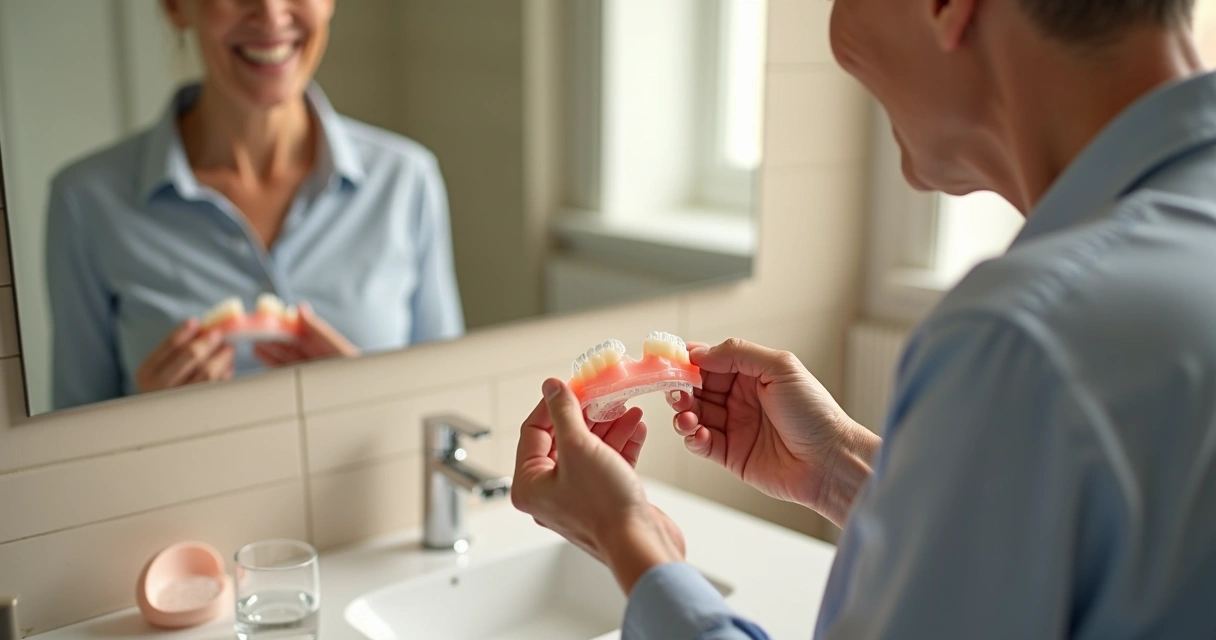 Pessoa idosa analisando prótese flexível na mão em banheiro bem iluminado 