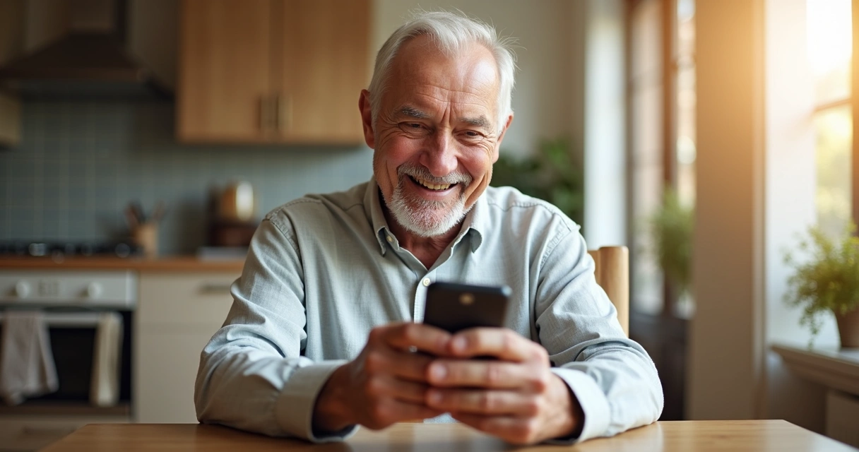 Idoso sorrindo usando smartphone com WhatsApp, tela mostra controle financeiro claro