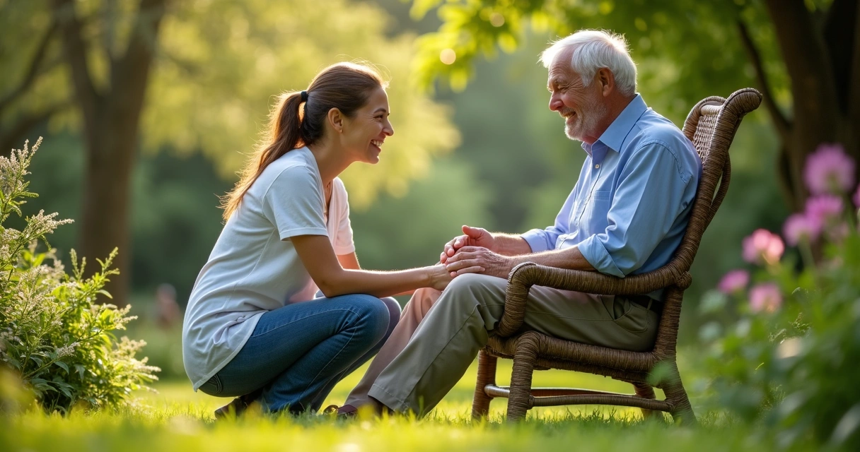 Idoso sentado em cadeira de jardim com cuidador ao lado conversando 