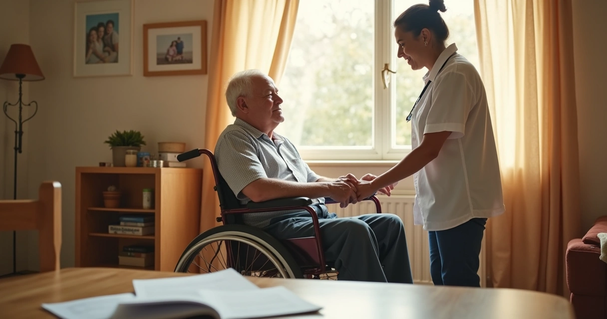Homem idoso em cadeira de rodas em ambiente doméstico 