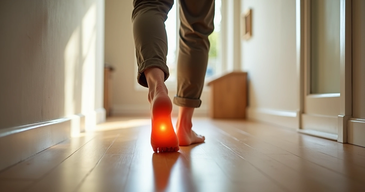 Pessoa idosa caminhando em corredor de casa com destaque para queimação nos pés 