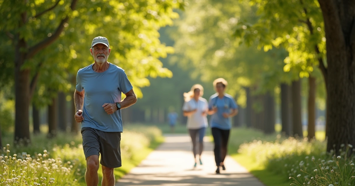Senhor caminhando ao ar livre em parque arborizado