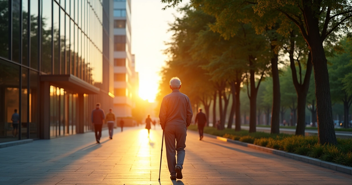 Pessoa idosa caminhando em corredor de árvores iluminado pelo sol 