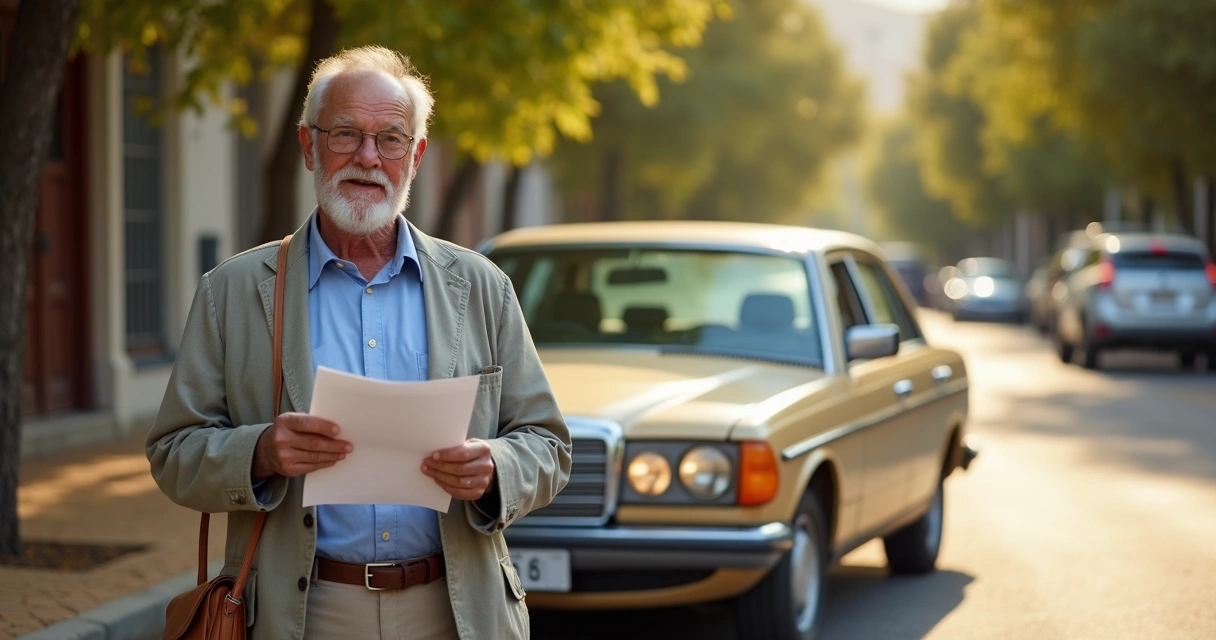 Idoso ao lado de carro antigo com documentos em mãos
