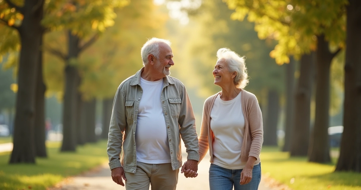 Casal idoso caminhando de mãos dadas ao ar livre, sorrindo 