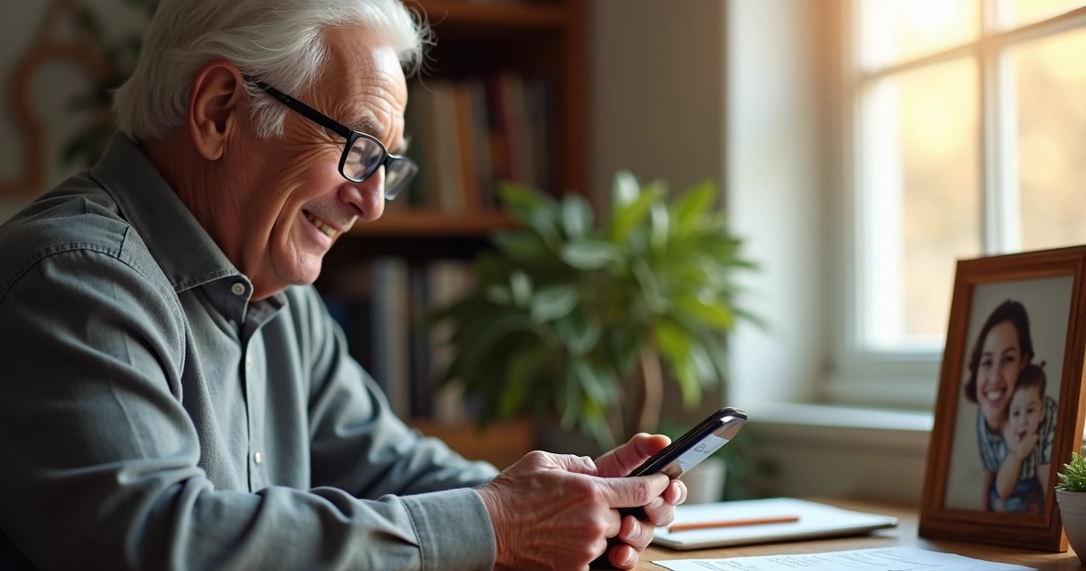 Idoso usando celular Nubank sorrindo 