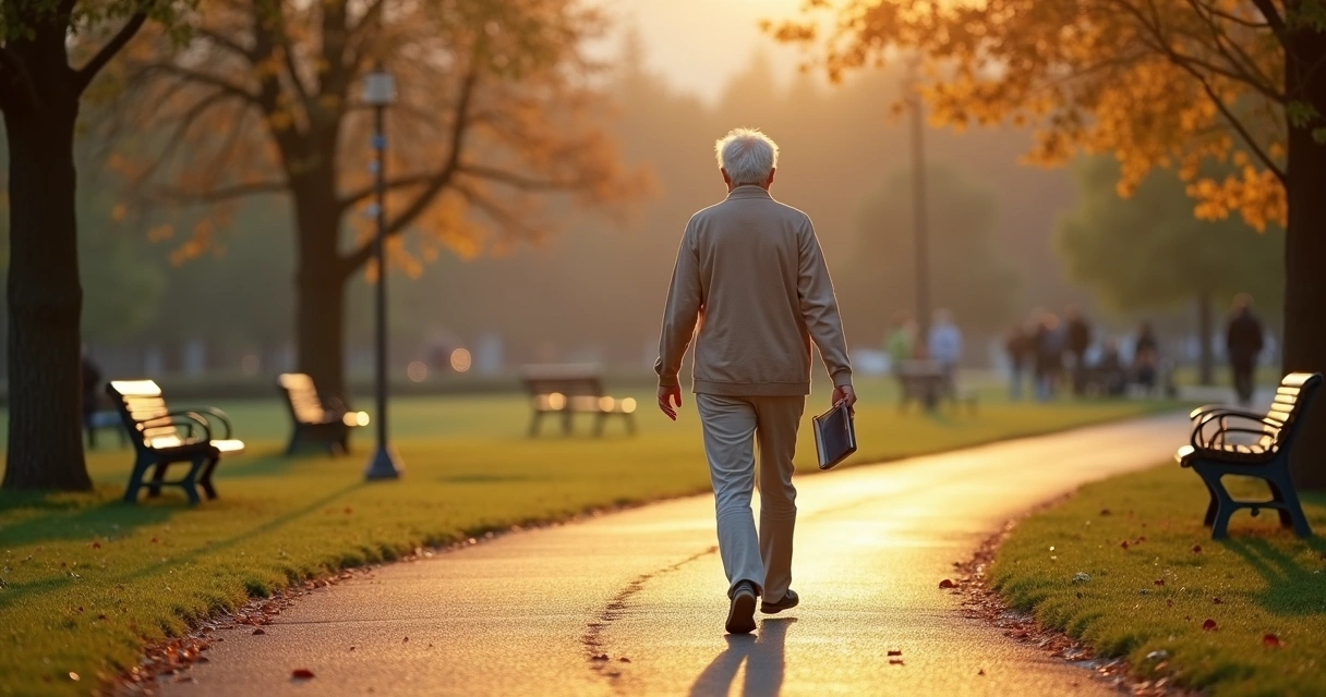 Pessoa idosa caminhando em parque ao pôr do sol em atitude de reflexão 
