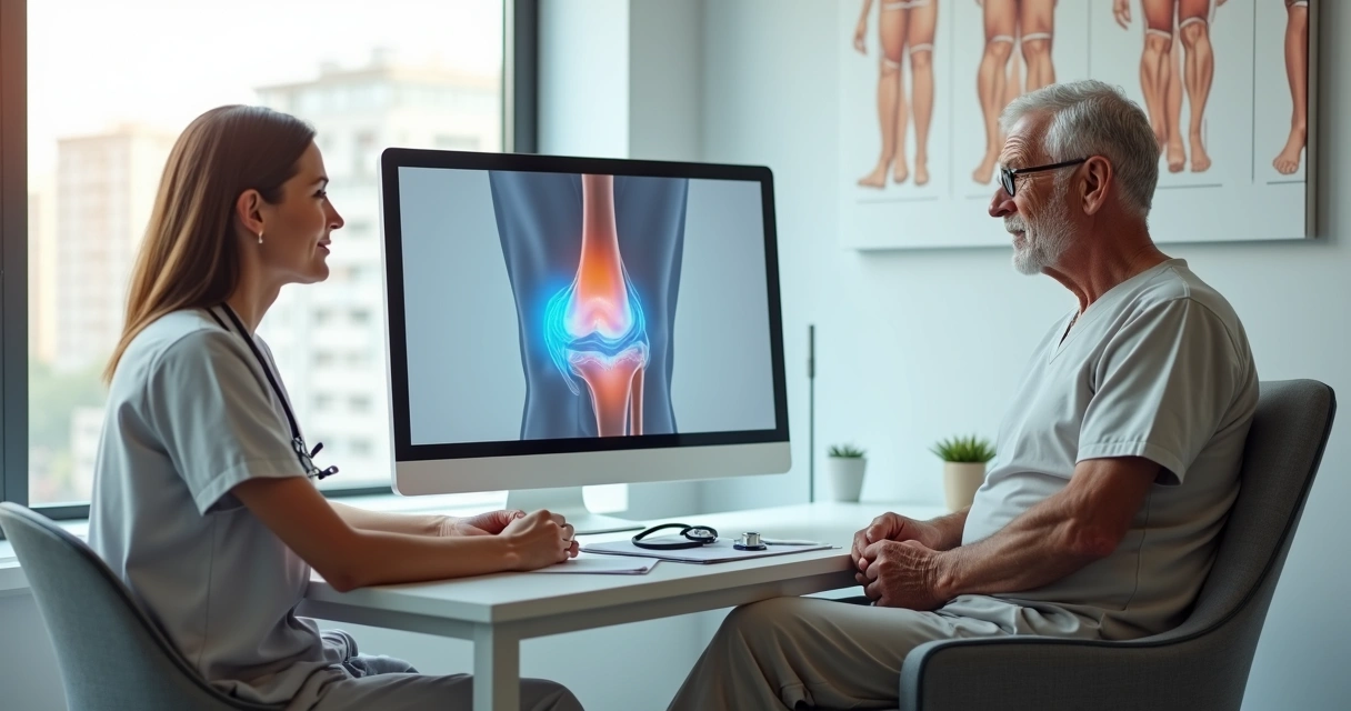 Profissional de saúde mostrando ilustração de joelho inchado para pessoa idosa em clínica 