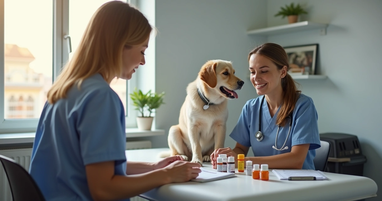 Tutor com cachorro idoso em consulta veterinária observando frascos de medicamentos 