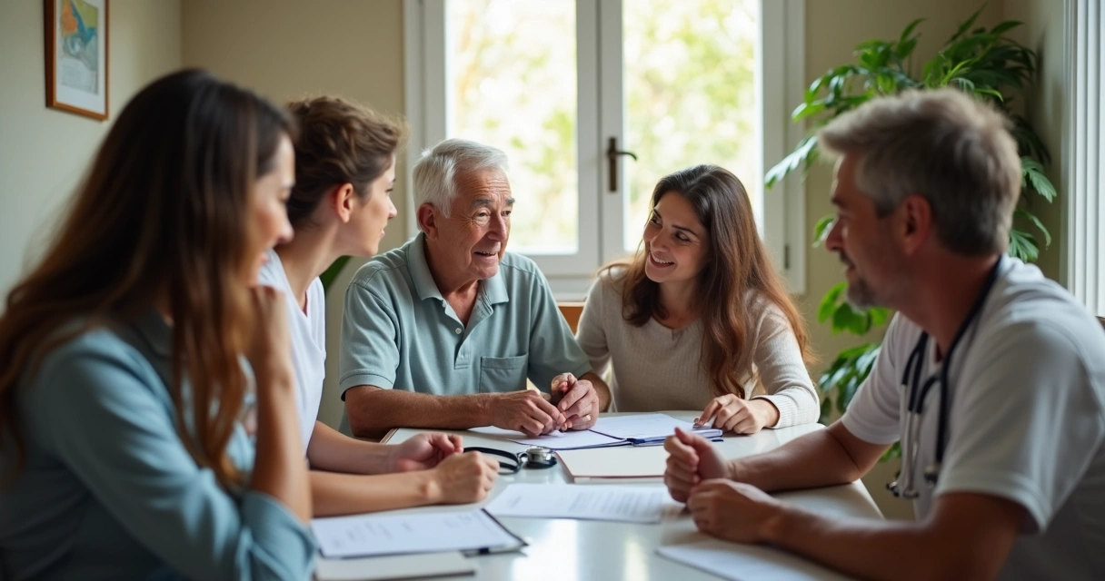 Idoso sentado em casa cercado pela família enquanto um médico o avalia 