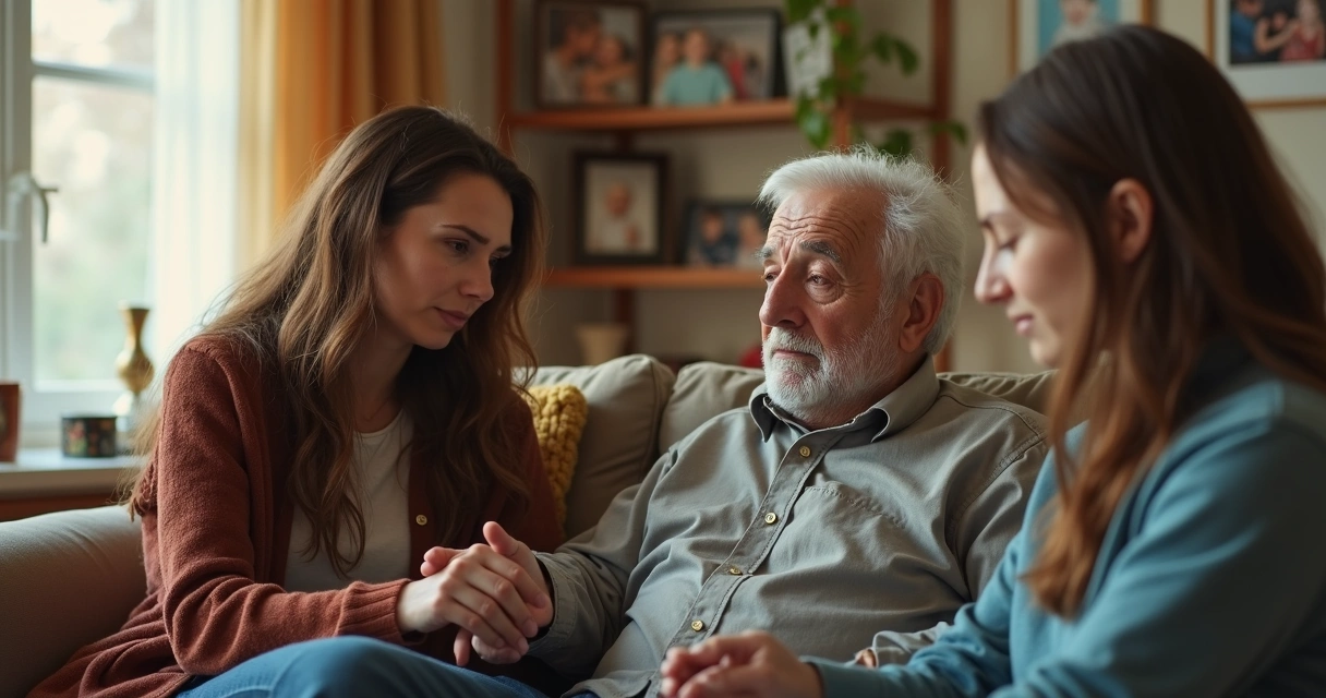Idoso na sala com família preocupada ao redor