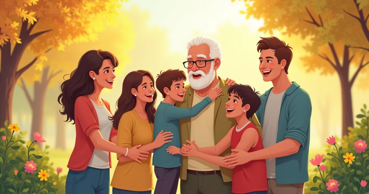 Homem idoso abraçando netos, todos sorrindo em um jardim ensolarado 
