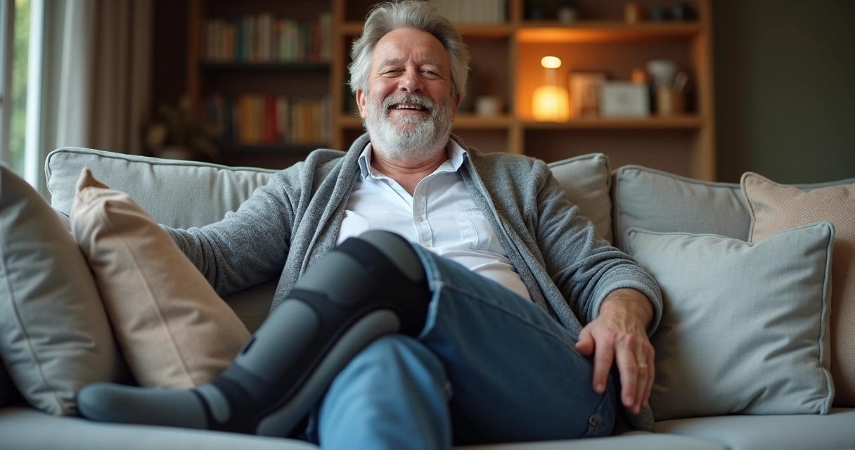 Homem maduro com joelheira de compressão sentado confortável 