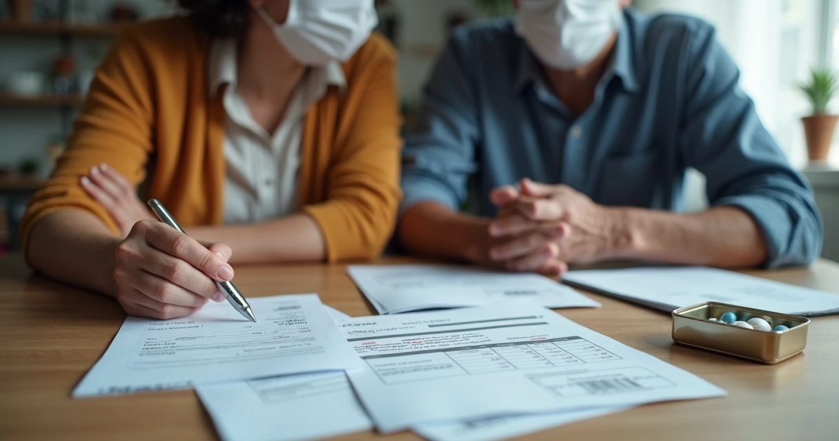 Idoso com máscara sentado à mesa, analisando documentos médicos e recibos junto à família 