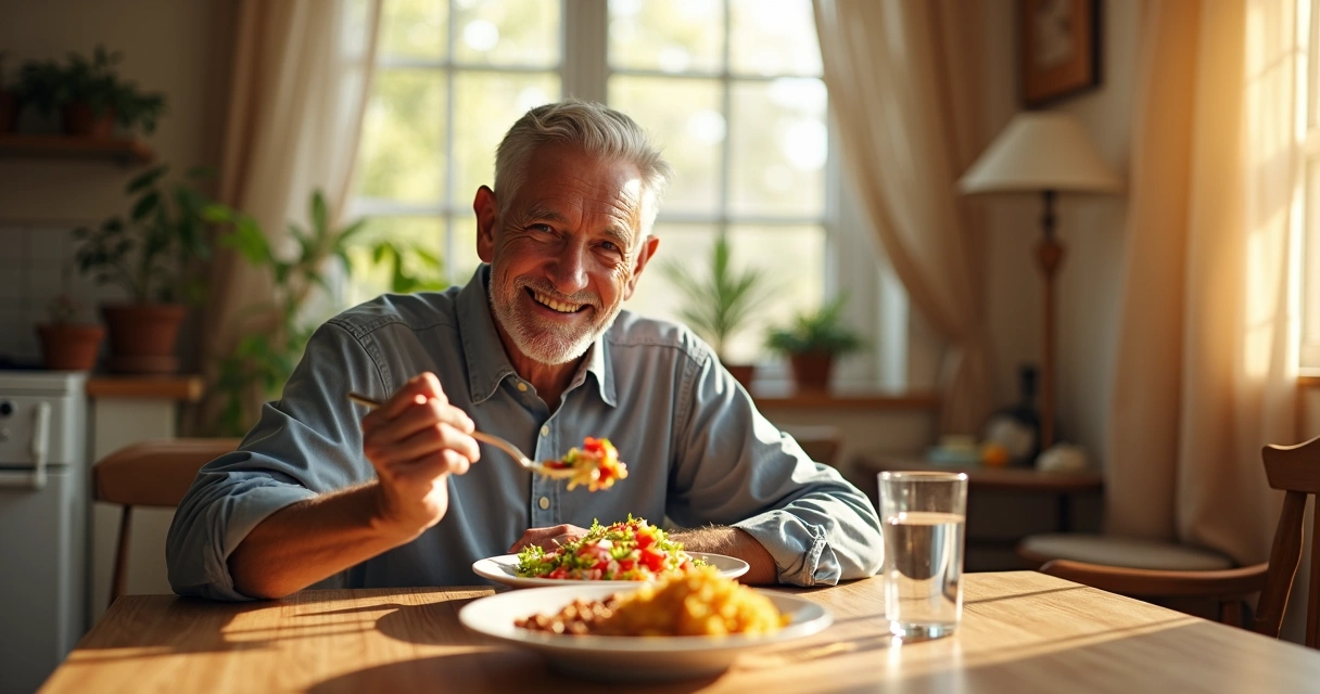 Idoso sentado à mesa sorrindo enquanto experimenta uma garfada de salada colorida