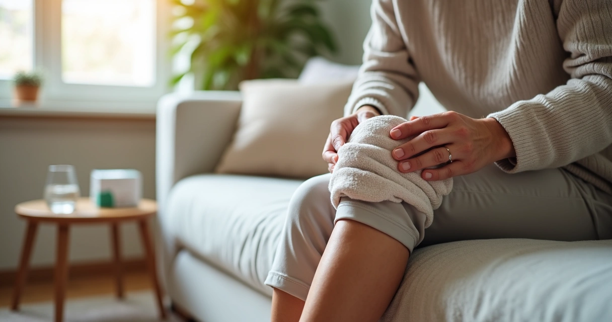 Pessoa idosa aplicando compressa fria no joelho sentado no sofá 