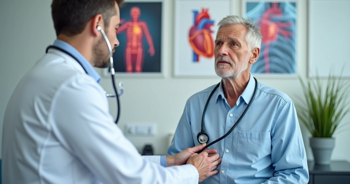 Idoso em consulta médica sendo examinado em consultório de cardiologia