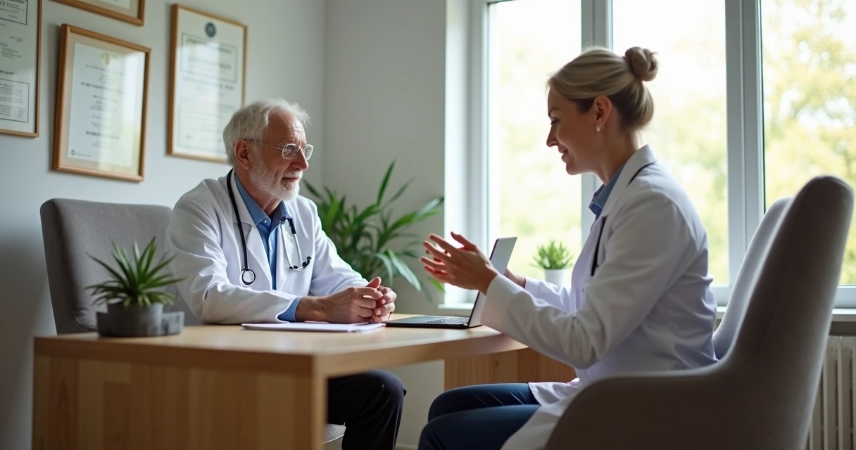 Idoso em consultório médico recebendo atendimento humanizado de geriatra 