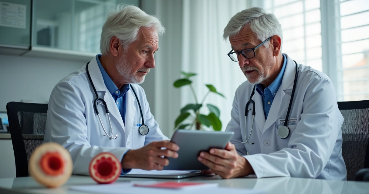 Idoso em consulta com hematologista explicando resultados de hemograma 