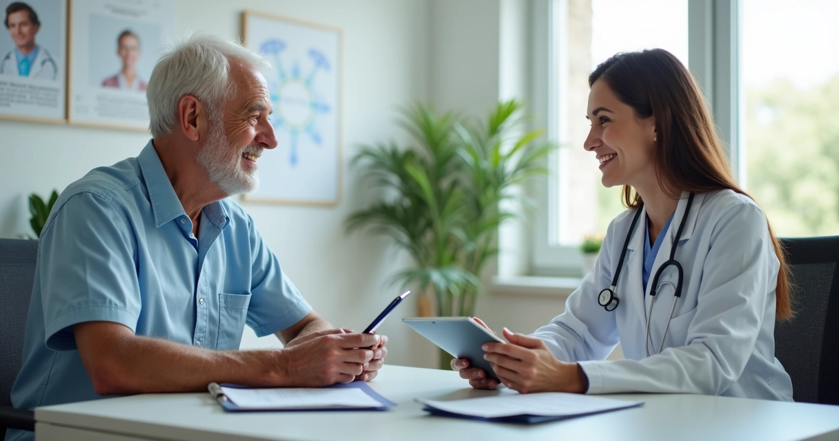 Idoso em consulta médica com doutora em clínica moderna 