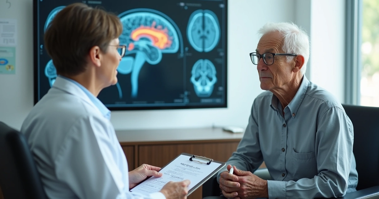 Neurologista conversando com idoso sobre queixas de memória em consultório 