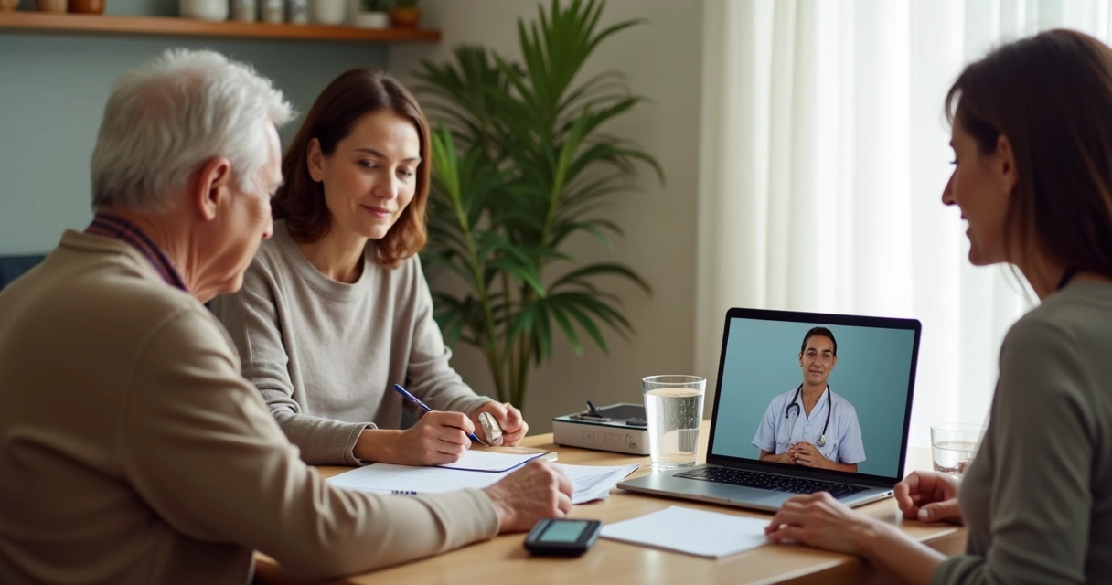 Idoso em consulta online com cuidador ao lado