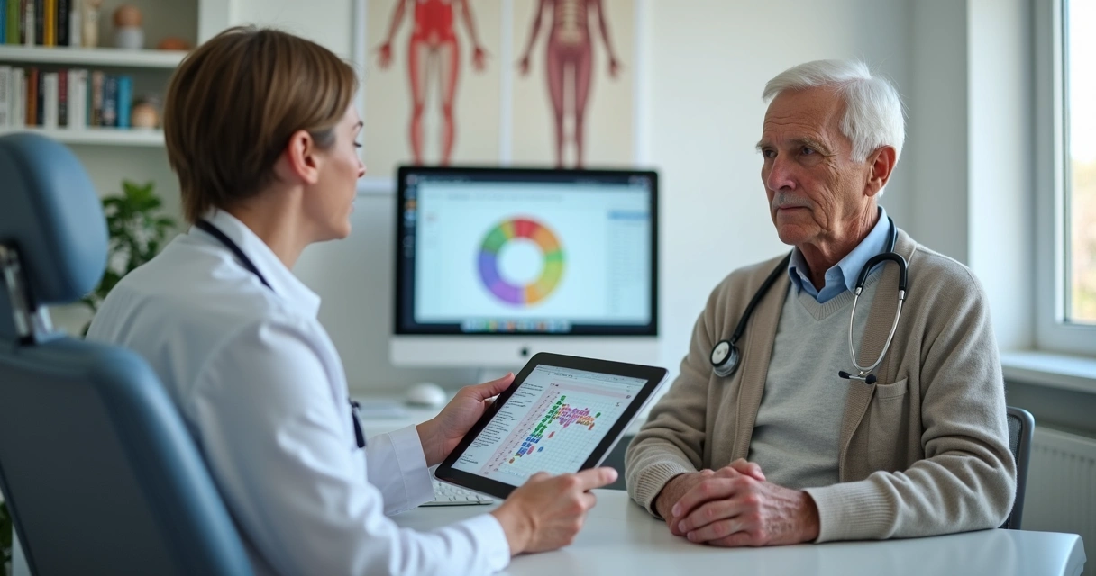 Idoso em consulta médica discutindo sintomas de síndrome mielodisplásica 