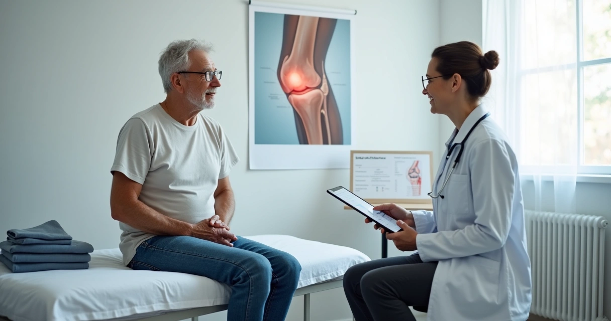 Pessoa idosa com dor no joelho conversando com profissional de saúde sobre tratamento de artrose 
