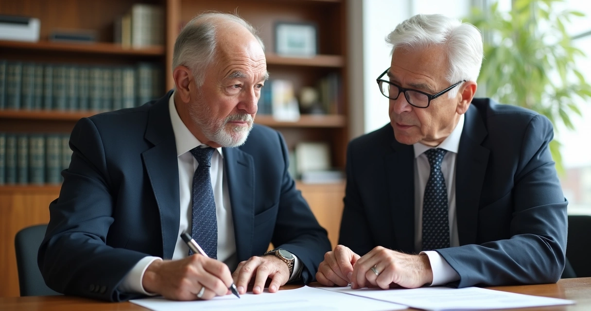 Idoso e advogado analisando documentos juntos 