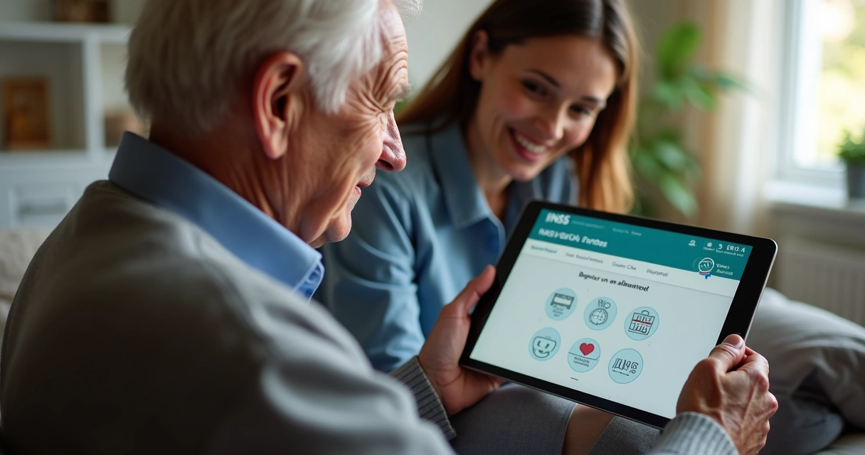 Idoso com Alzheimer acessando informações do INSS em tablet 