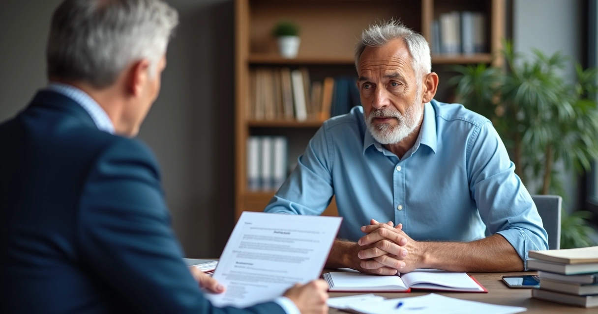 Idoso recebendo orientação de advogado especializado em planos de saúde 