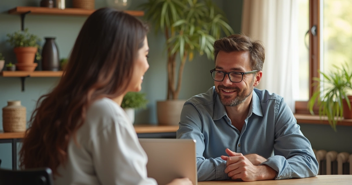 Idoso conversando com especialista de saúde em ambiente acolhedor e moderno 