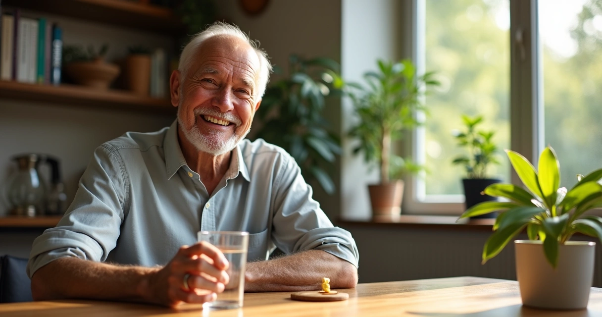 Idoso sorrindo consumindo cápsulas de moringa junto a uma planta de moringa em vaso na mesa 