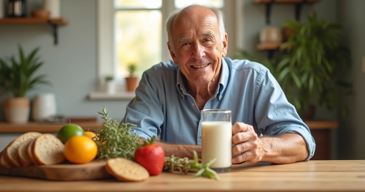 Homem idoso sentado à mesa segurando um copo de leite vegetal com alimentos variados ao fundo. 