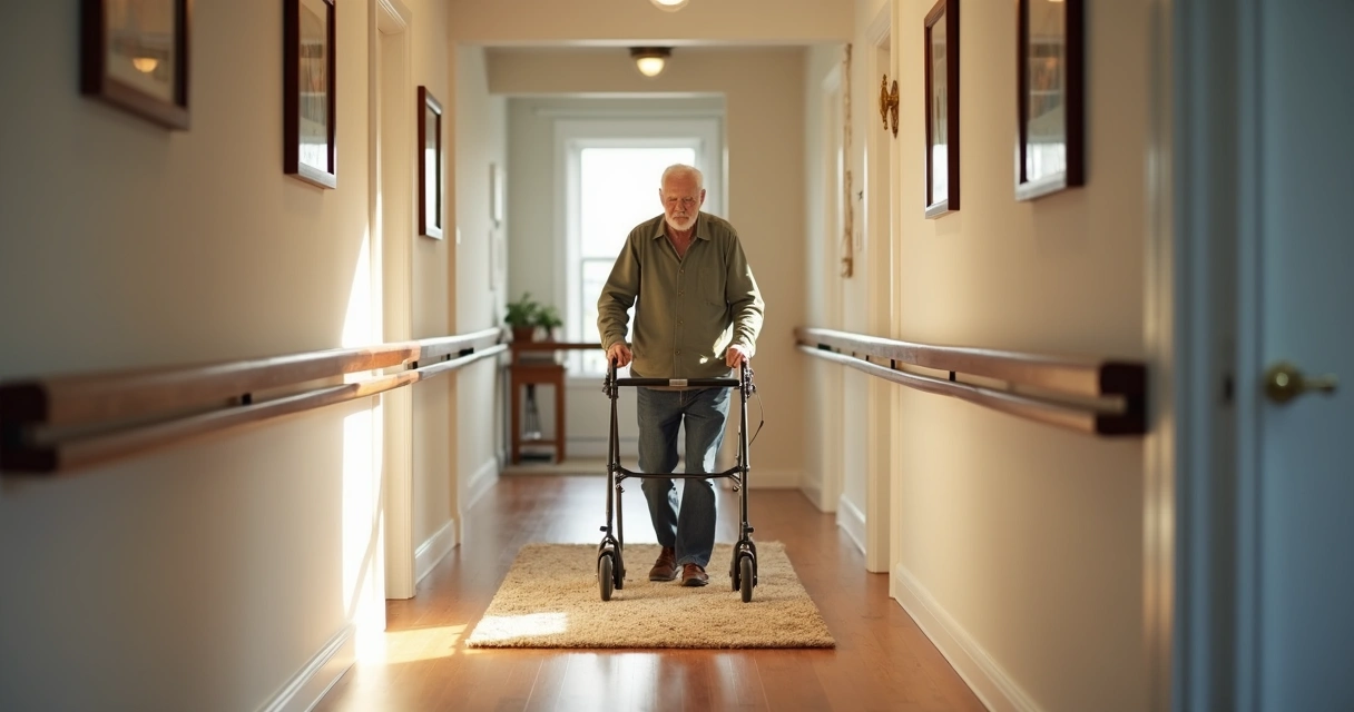 Idoso caminhando com andador em um corredor bem iluminado e com barras de apoio nas paredes 