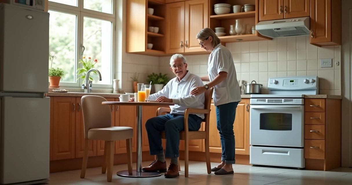 Idoso sentado em cozinha adaptada e segura 