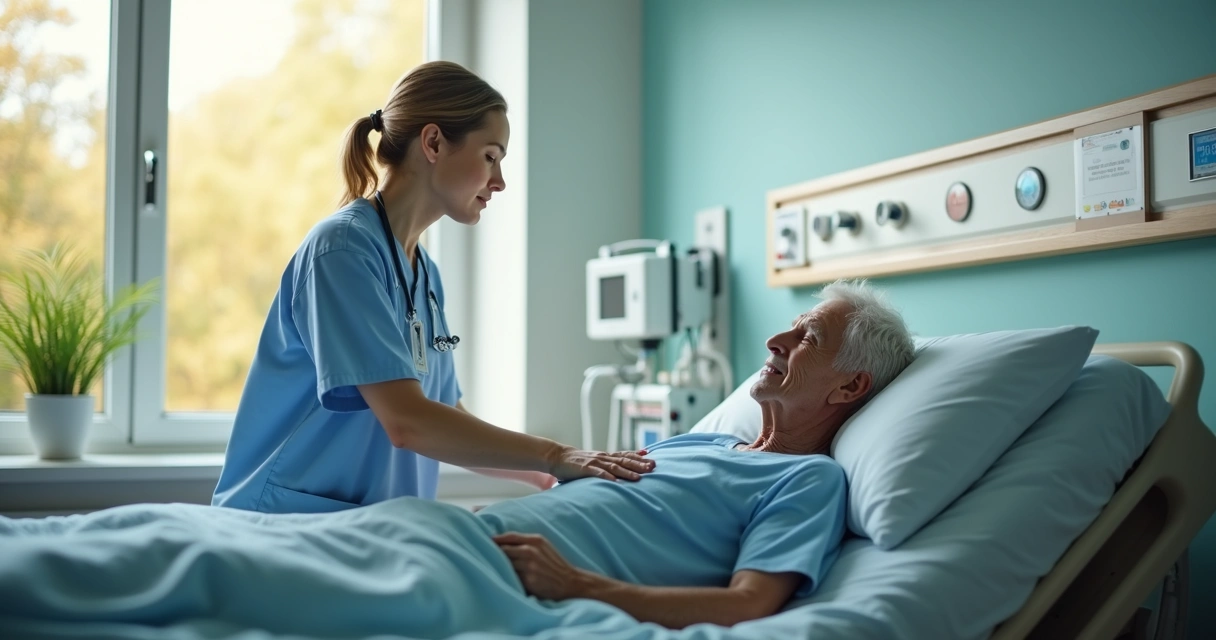 Idoso deitado em cama de hospital com cabeceira elevada, sendo observado por cuidadora 