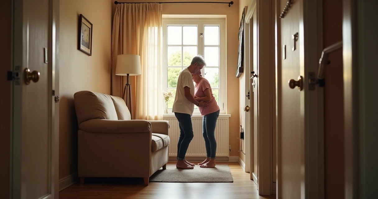 Cuidador familiar ajudando idoso com dificuldades motoras em casa 