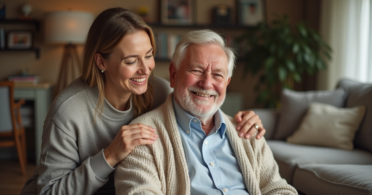Homem idoso sorrindo ao lado da filha cuidando dele em ambiente doméstico 