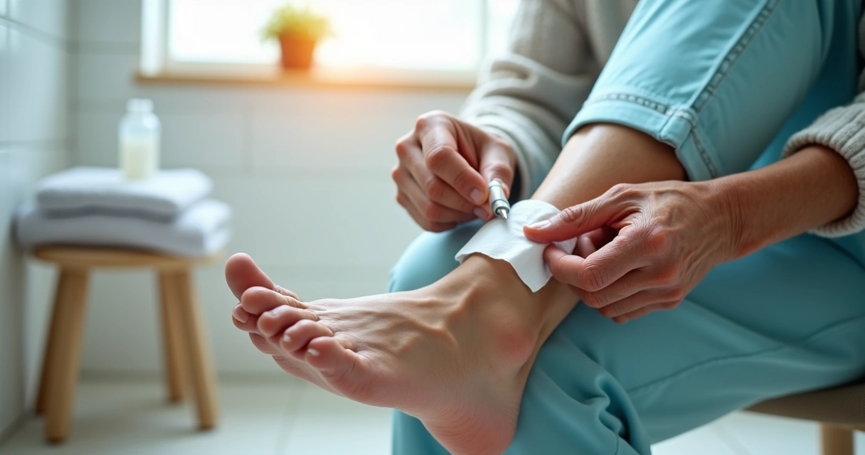 Pessoa idosa limpando pequena ferida no pé, usando gaze e creme. 