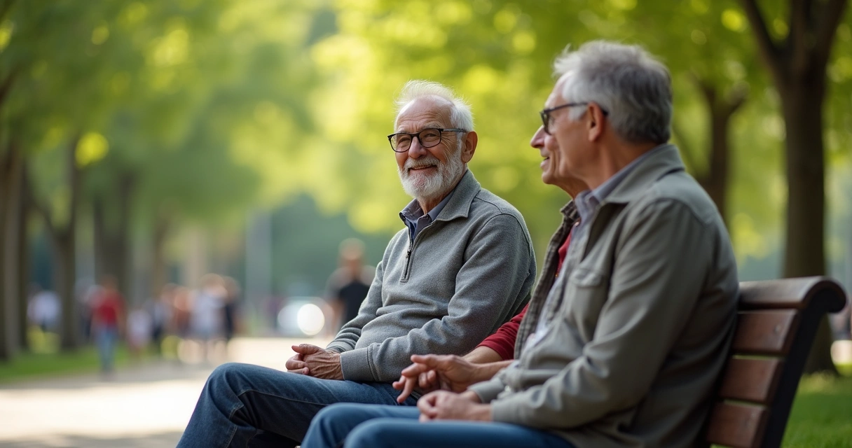 Idoso dialogando sentado com dois amigos em um banco de praça 