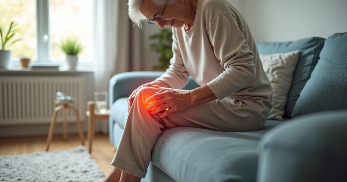 Pessoa idosa sentada no sofá segurando o joelho dolorido com expressão de desconforto 