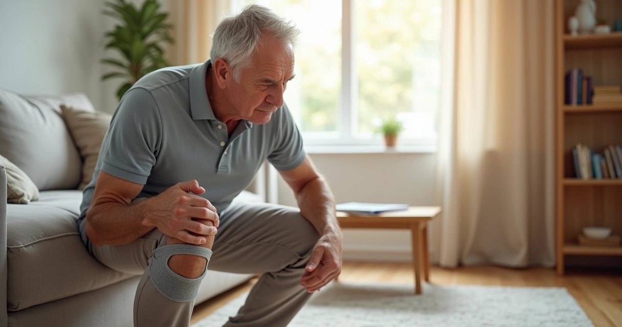 Homem idoso apoiando a mão no joelho com dor ao tentar agachar na sala de casa 